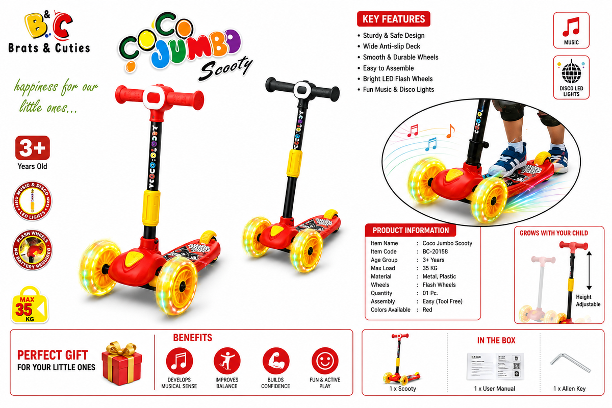 Coco Jumbo 3-Wheel Kids Scooter with LED Flash Wheels, Music & Adjustable Handlebar