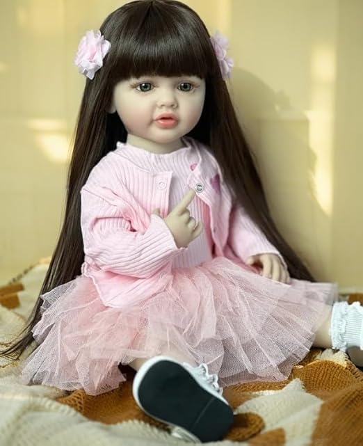 Lifelike Musical Full Silicone Body Reborn Baby Girl Doll Toy,22" Beautiful Lifelike Doll Full Body Vinyl Silicone with Long Hair for Children