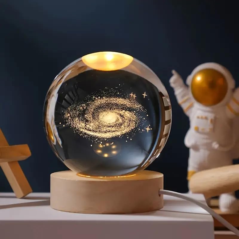 Stunning 3D Galaxy Design, Crystal Ball Night Light, Creative Engraved LED Glass Ball, Decorative Table Lamp with USB & Wooden Base