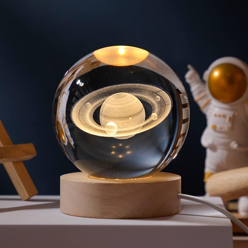 Stunning 3D Galaxy Design, Crystal Ball Night Light, Creative Engraved LED Glass Ball, Decorative Table Lamp with USB & Wooden Base