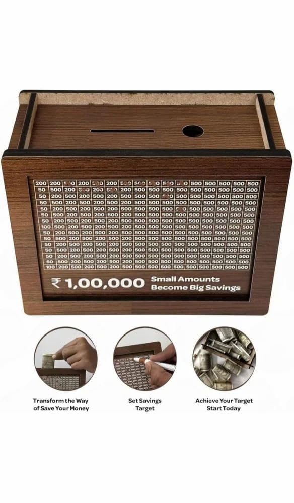 Wooden Money Piggy Bank for Kids & Adults | ₹1,00,000 Savings Goal Tracker Gullak | Cash Saving Box with Chart | Wooden Coin Bank
