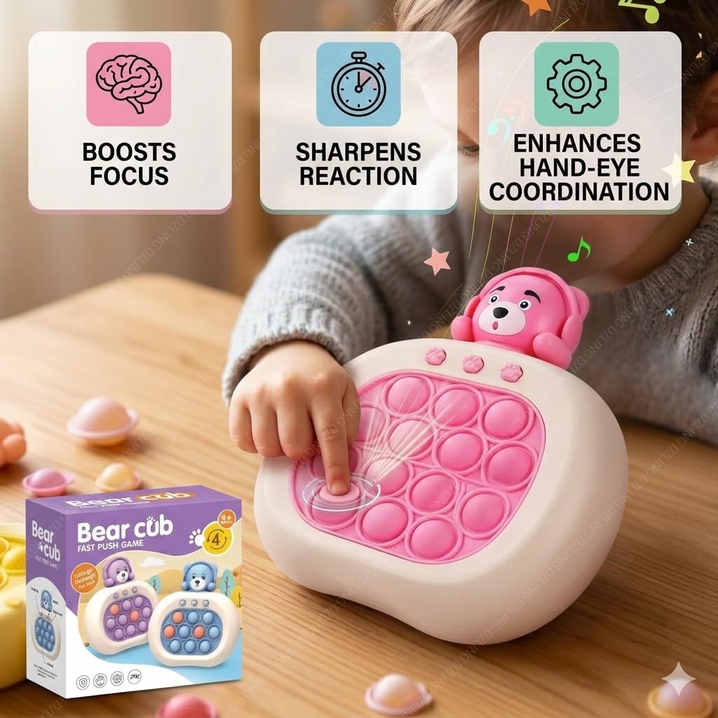 Fast Push Game for Kids, Pop Bubble Speed Challenge, Cute Bear Shape Handheld Game, Early Learning Sensory