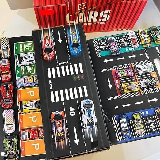 48 Pull Back Race Cars Toys, Container Storage Box, Die Cast Metal Toy Cars Set, Dinosaur & Racing Pattern, Race Car Party Favors, Small Cars for Toddlers 3-5