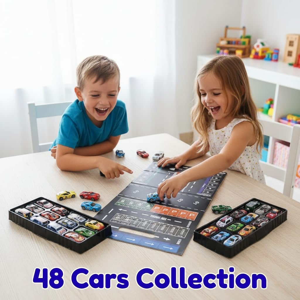 48 Pull Back Race Cars Toys, Container Storage Box, Die Cast Metal Toy Cars Set, Dinosaur & Racing Pattern, Race Car Party Favors, Small Cars for Toddlers 3-5