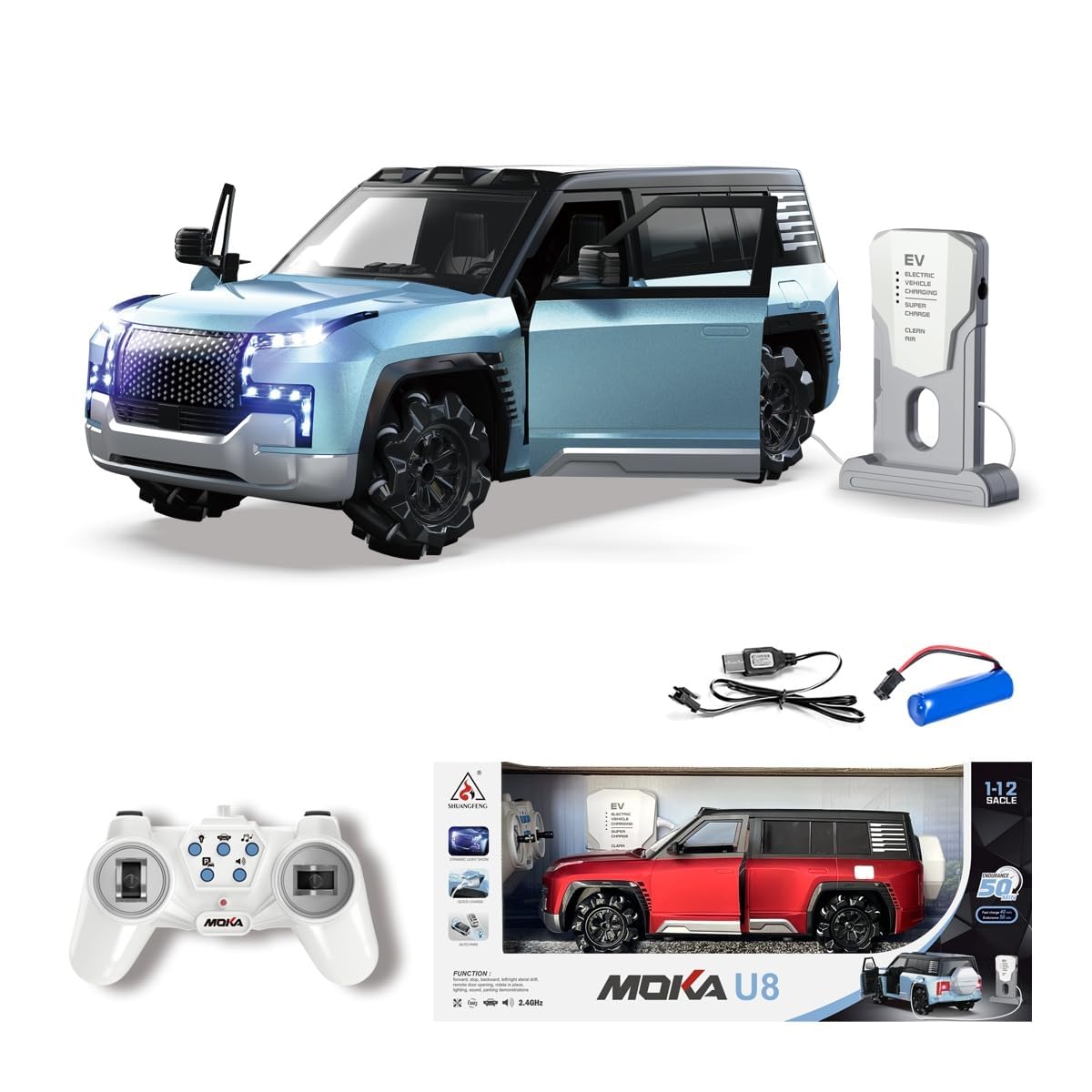 1:12 Scale Rechargeable Moka U8 Remote Control Drift Car with EV Power Charge Station | Auto Park, Light & Music for Kids/Children Ages 3+, Multicolor