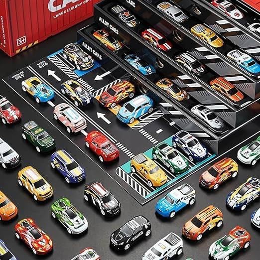 48 Pull Back Race Cars Toys, Container Storage Box, Die Cast Metal Toy Cars Set, Dinosaur & Racing Pattern, Race Car Party Favors, Small Cars for Toddlers 3-5