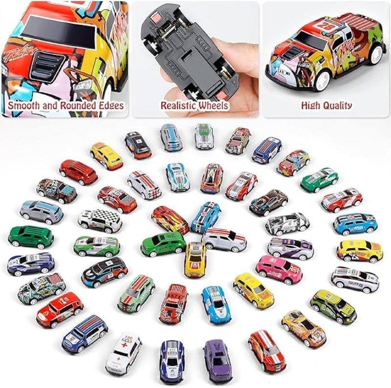 48 Pull Back Race Cars Toys, Container Storage Box, Die Cast Metal Toy Cars Set, Dinosaur & Racing Pattern, Race Car Party Favors, Small Cars for Toddlers 3-5