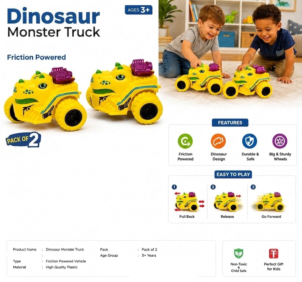 Dinosaur Monster truck| Friction Powered Pull Back Cars | Big Wheel Off-Road Dino Vehicle Set | Educational Toy Trucks