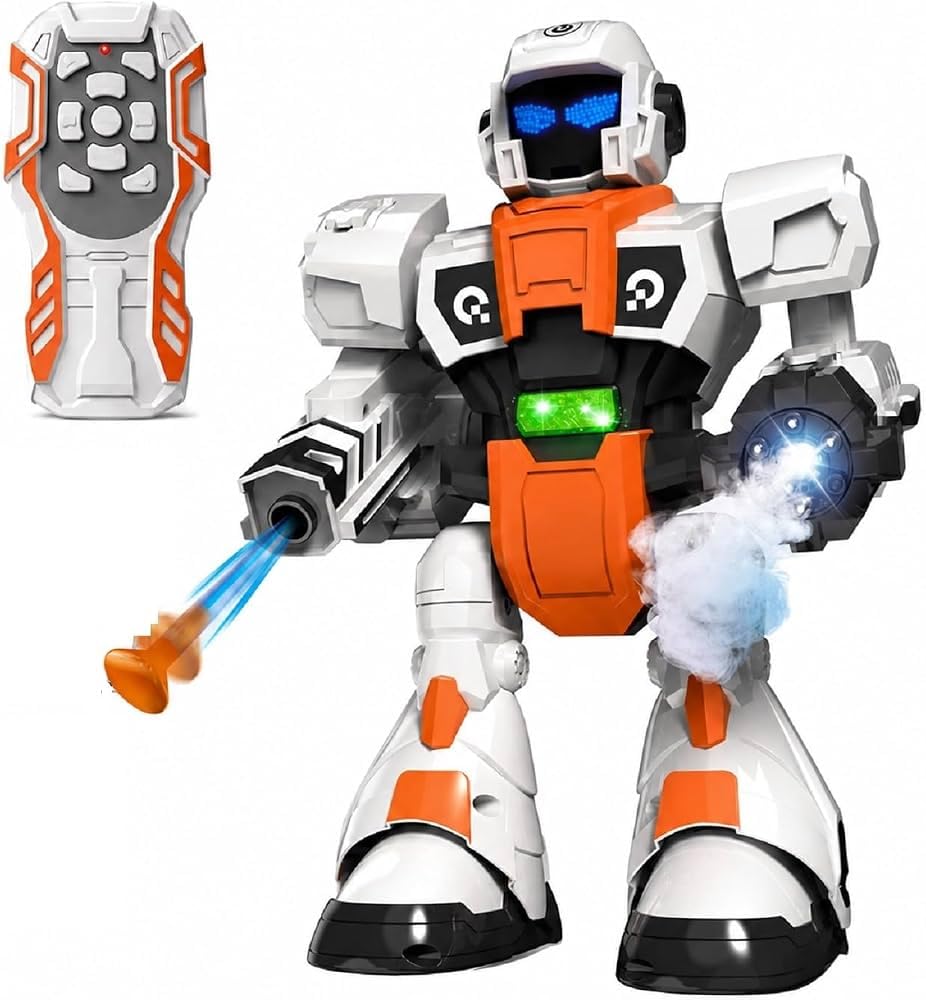 RC Robot Toy | 2.4GHz Remote Control | Mist Spray, Soft Foam Projectile Launcher & LED Lights