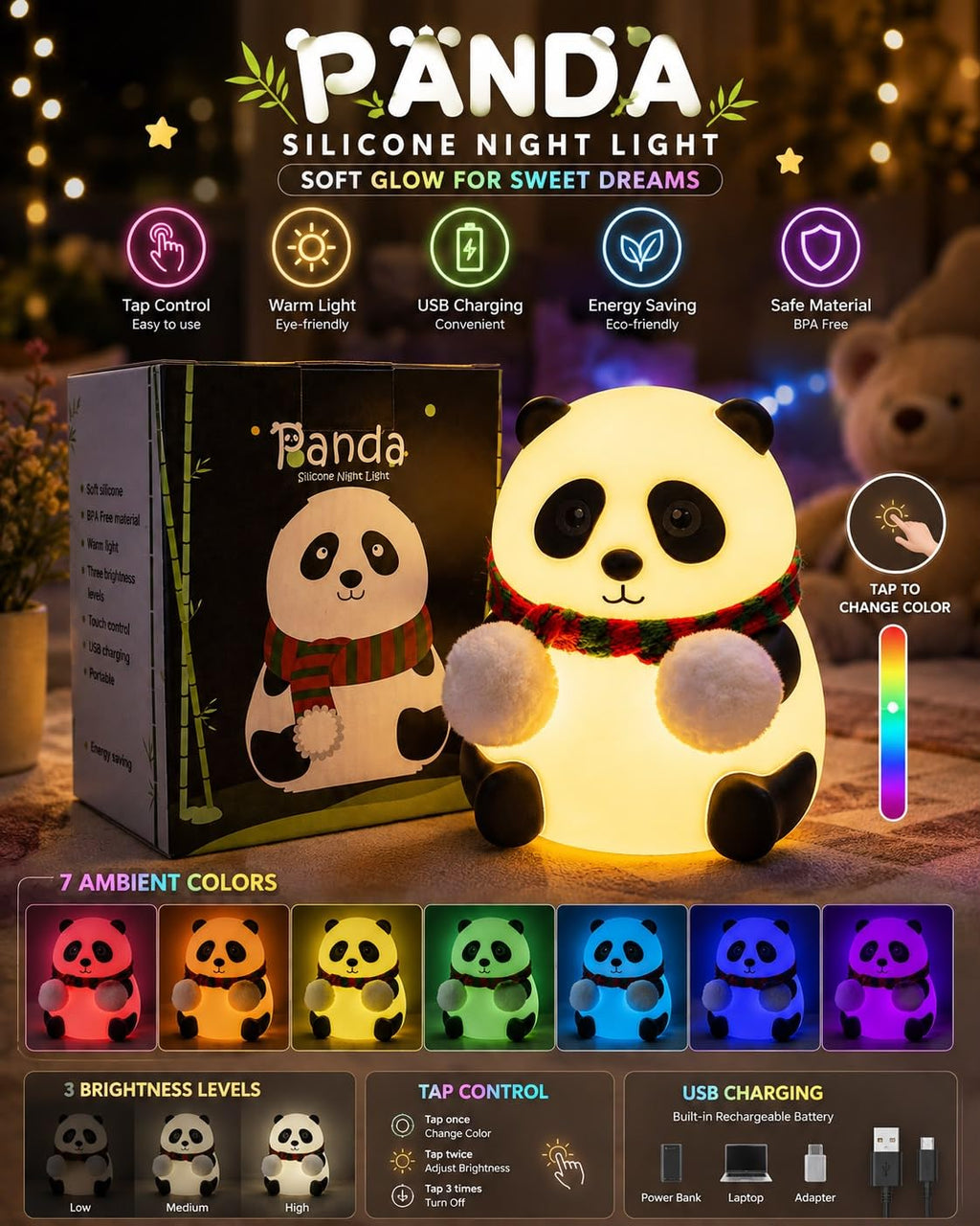 Panda Touch Silicone Lamp Rechargeable Multicolor Night Light