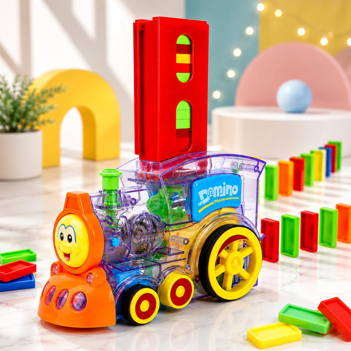Domino Train Set with 40 Colourful Blocks - Kids Auto-Laying Domino Toy Train with Light and Sound, Screen-Free Educational Play