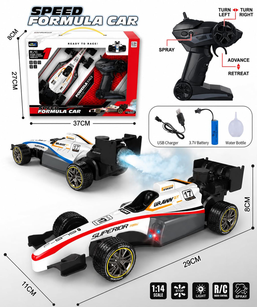 F1 Formula Racing Car Toy for Kids with Joystick Remote Control and Rechargeable Battery for Car - LED Lights, 2 WD Smokey Mist Spraying Car