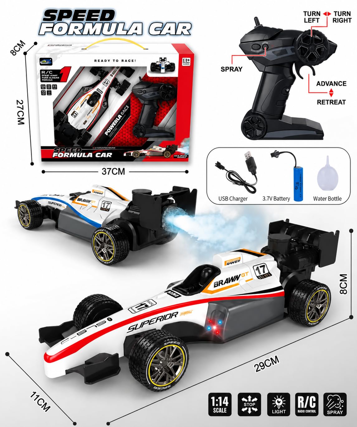 F1 Formula Racing Car Toy for Kids with Joystick Remote Control and Rechargeable Battery for Car - LED Lights, 2 WD Smokey Mist Spraying Car
