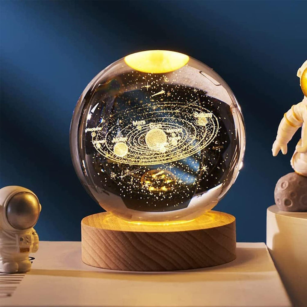 Stunning 3D Galaxy Design, Crystal Ball Night Light, Creative Engraved LED Glass Ball, Decorative Table Lamp with USB & Wooden Base