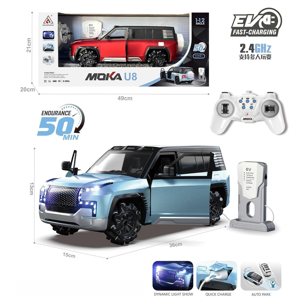 1:12 Scale Rechargeable Moka U8 Remote Control Drift Car with EV Power Charge Station | Auto Park, Light & Music for Kids/Children Ages 3+, Multicolor