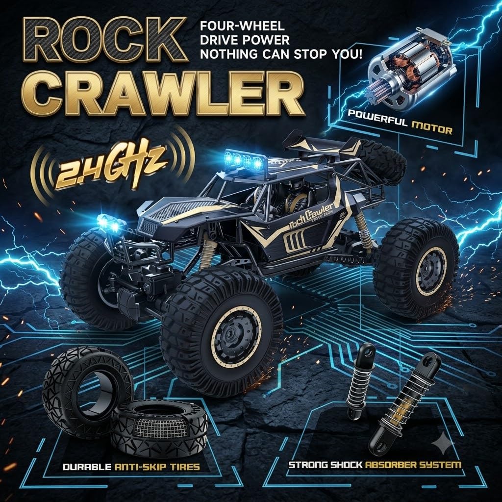 4WD RC Rock Crawler Monster Truck 1:8 Scale | Rechargeable Remote Control Off Road Car with 2.4GHz Controller, Metal Body, High Torque Motor, All Terrain Climbing Car