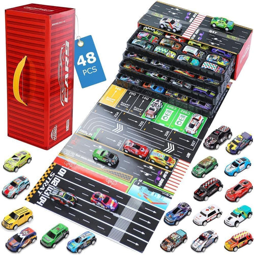 48 Pull Back Race Cars Toys, Container Storage Box, Die Cast Metal Toy Cars Set, Dinosaur & Racing Pattern, Race Car Party Favors, Small Cars for Toddlers 3-5
