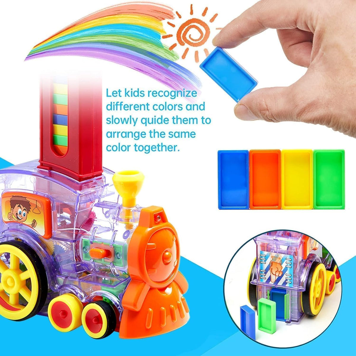 Domino Train Set with 40 Colourful Blocks - Kids Auto-Laying Domino Toy Train with Light and Sound, Screen-Free Educational Play