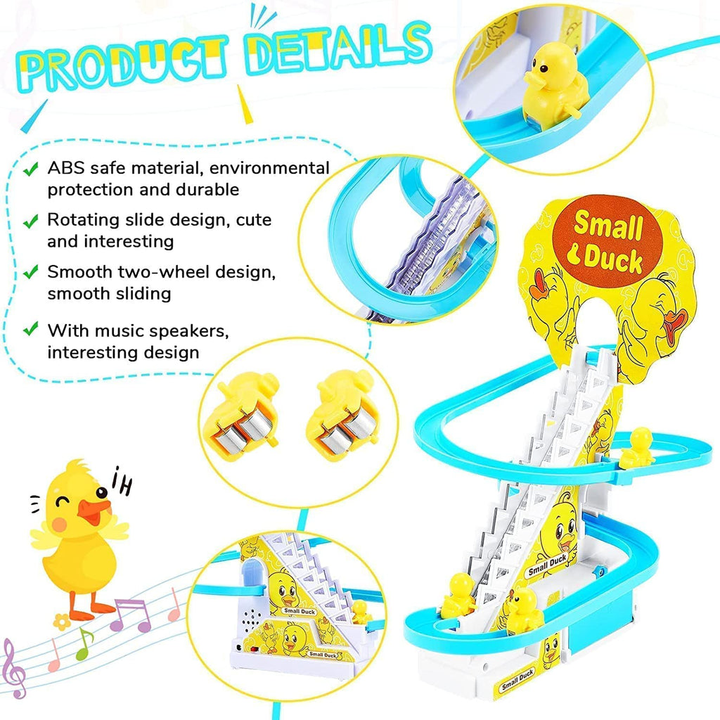 Duck Slide, Funny Automatic Stair-Climbing Ducklings Cartoon Racetrack Set Little Lovely Duck Slide Toy Escalator Toy with Lights and Music