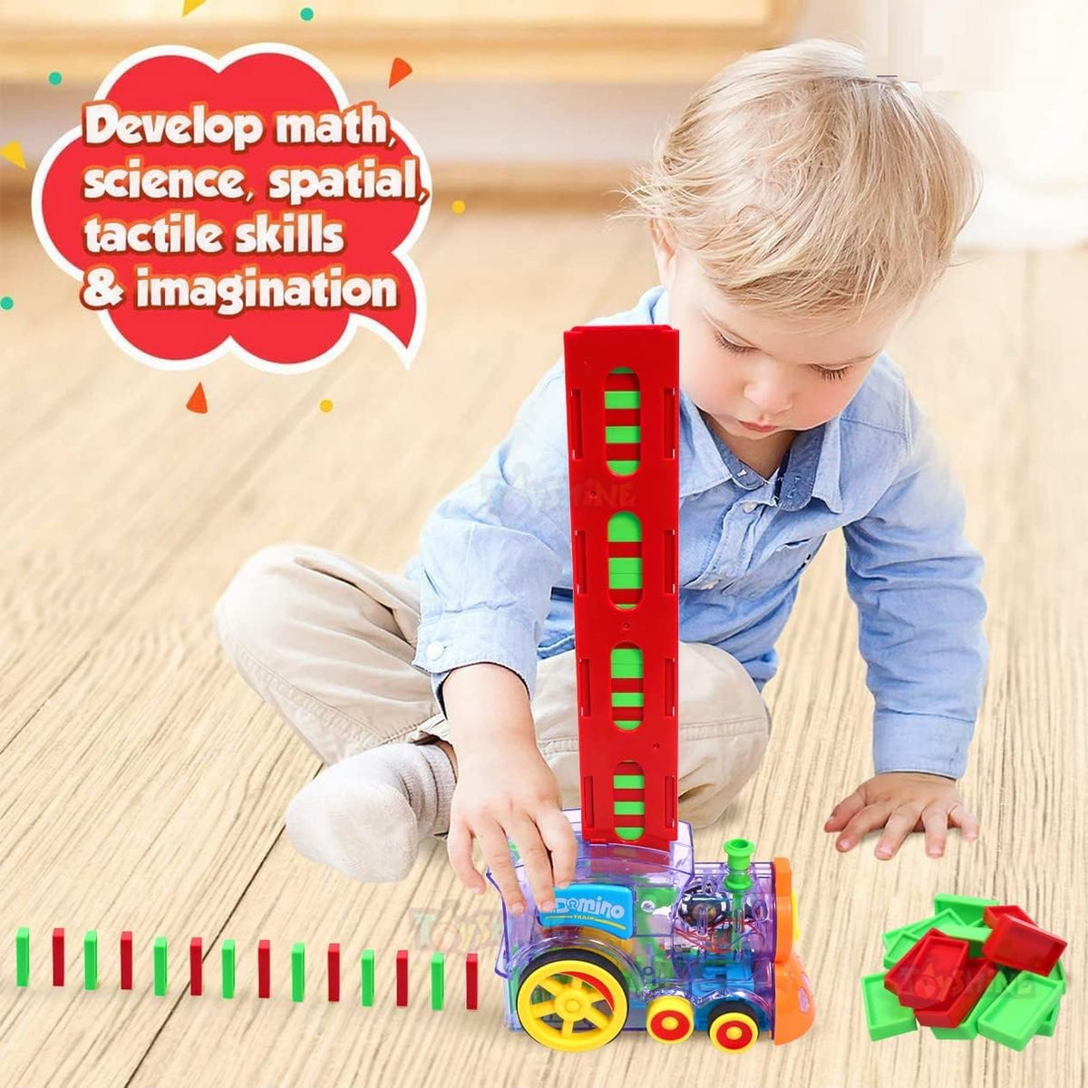 Domino Train Set with 40 Colourful Blocks - Kids Auto-Laying Domino Toy Train with Light and Sound, Screen-Free Educational Play