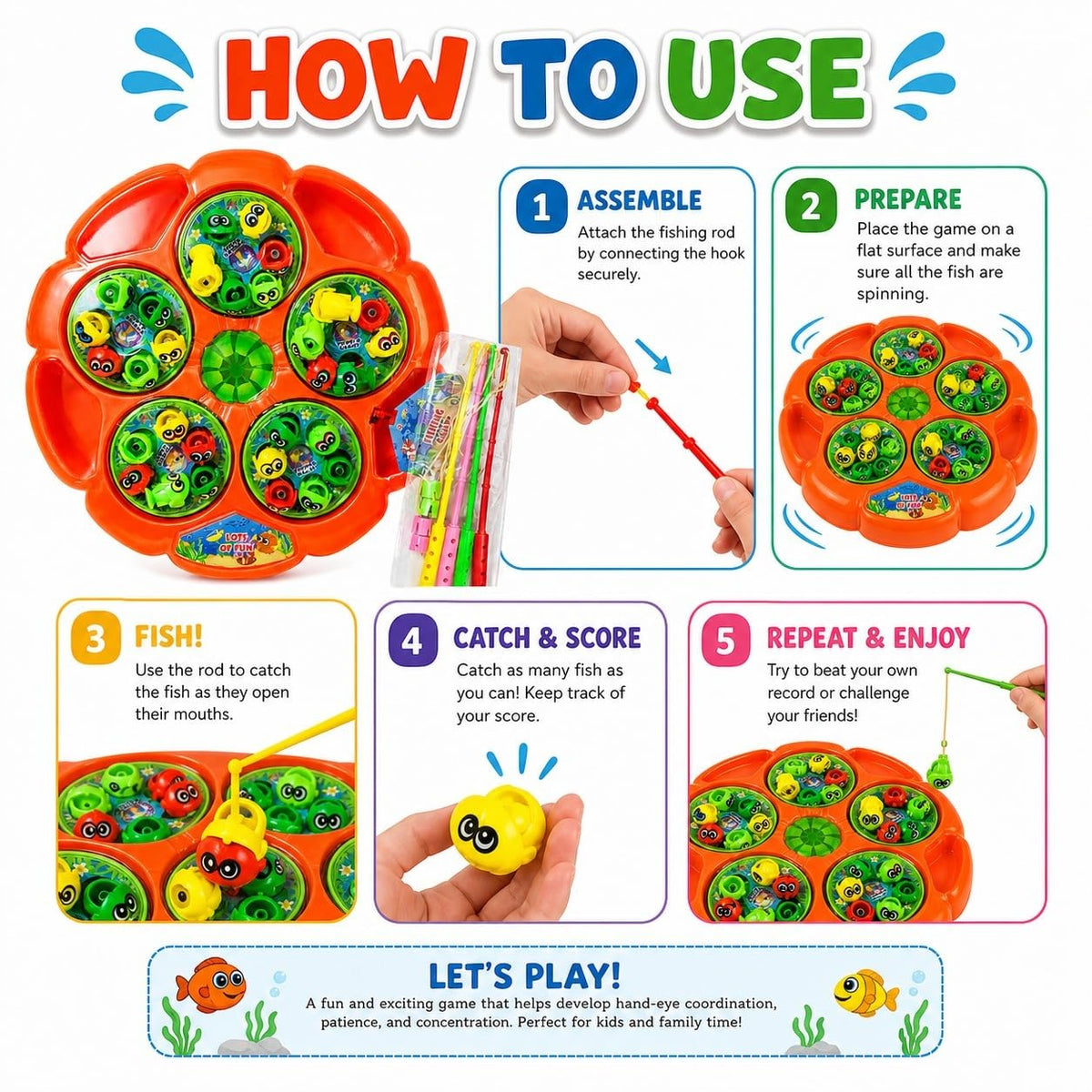 Premium Electronic Fishing Game for Kid| Rotating Fish-Catching Toy with 30 Fish & 4 Sticks| Develop Hand-Eye Coordination & Motor Skill