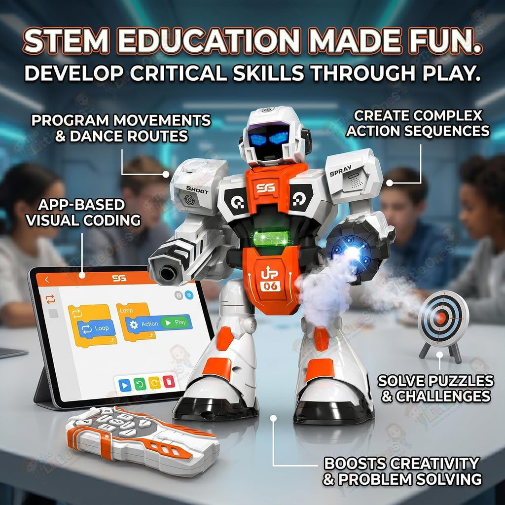 RC Robot Toy | 2.4GHz Remote Control | Mist Spray, Soft Foam Projectile Launcher & LED Lights