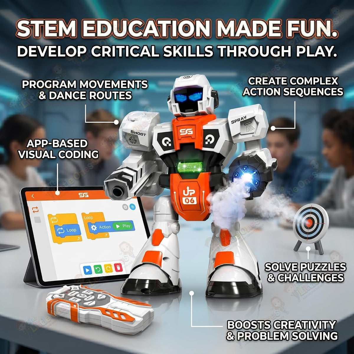 RC Robot Toy | 2.4GHz Remote Control | Mist Spray, Soft Foam Projectile Launcher & LED Lights