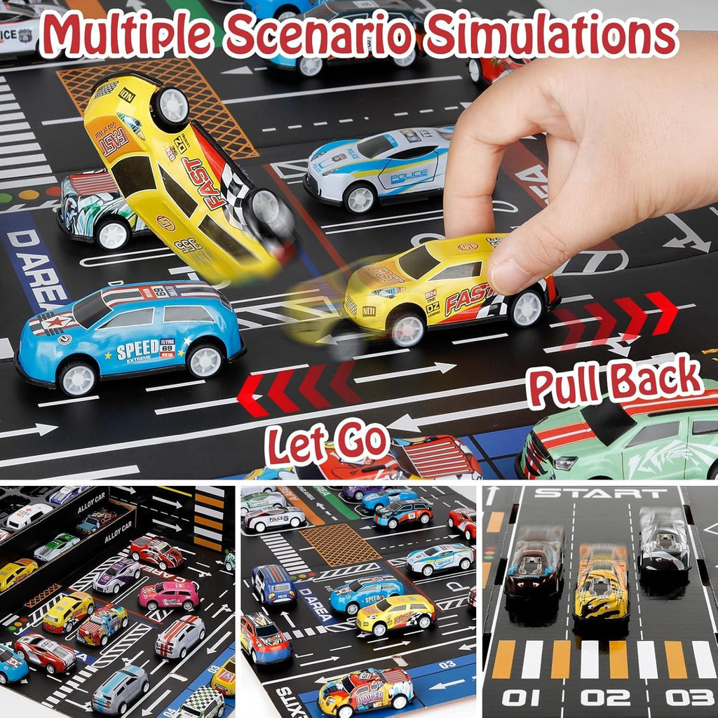 48 Pull Back Race Cars Toys, Container Storage Box, Die Cast Metal Toy Cars Set, Dinosaur & Racing Pattern, Race Car Party Favors, Small Cars for Toddlers 3-5