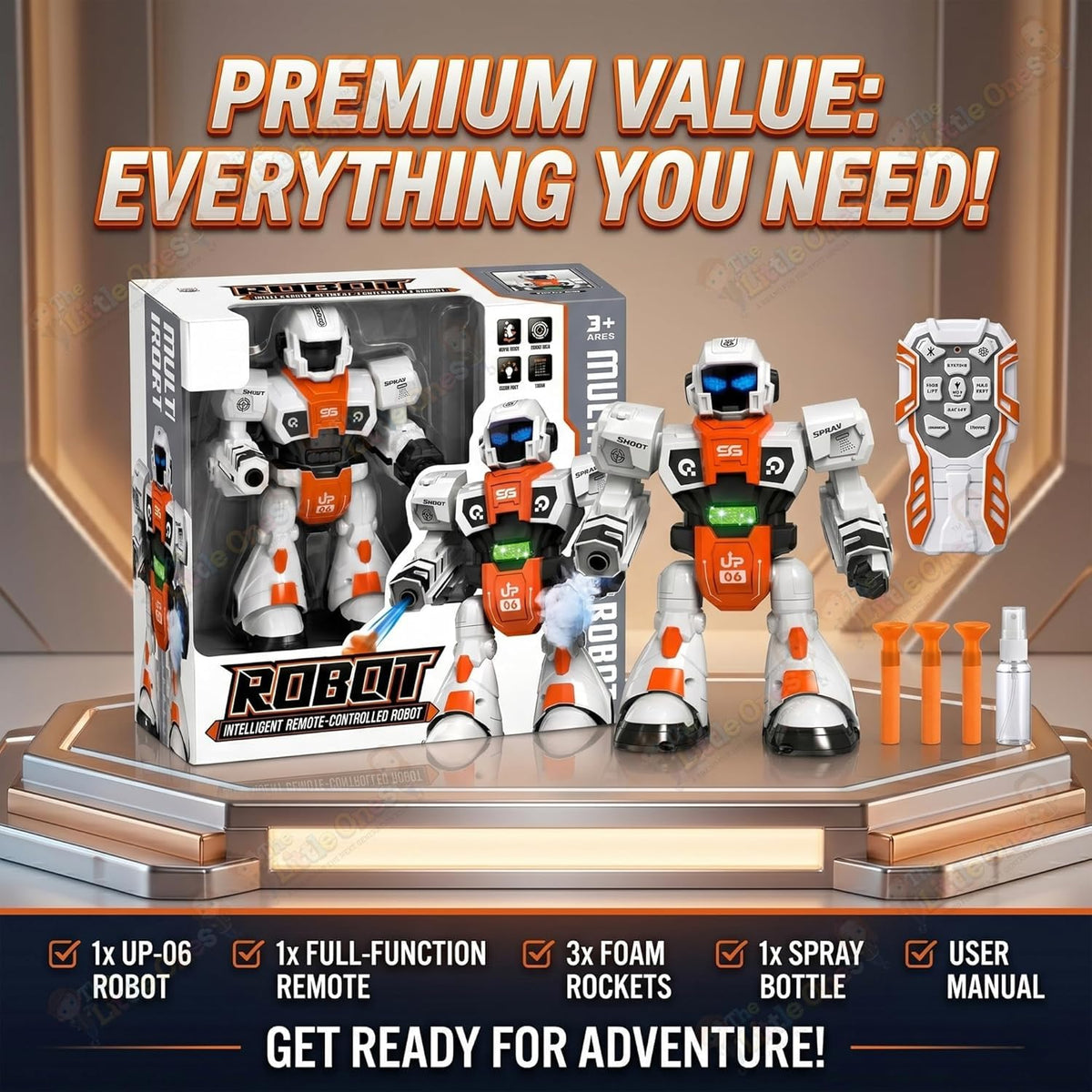 RC Robot Toy | 2.4GHz Remote Control | Mist Spray, Soft Foam Projectile Launcher & LED Lights