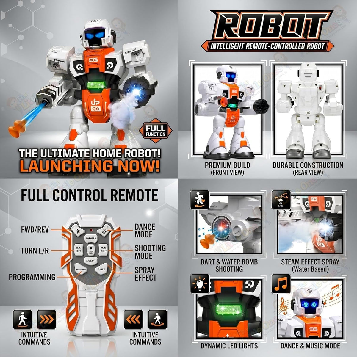 RC Robot Toy | 2.4GHz Remote Control | Mist Spray, Soft Foam Projectile Launcher & LED Lights