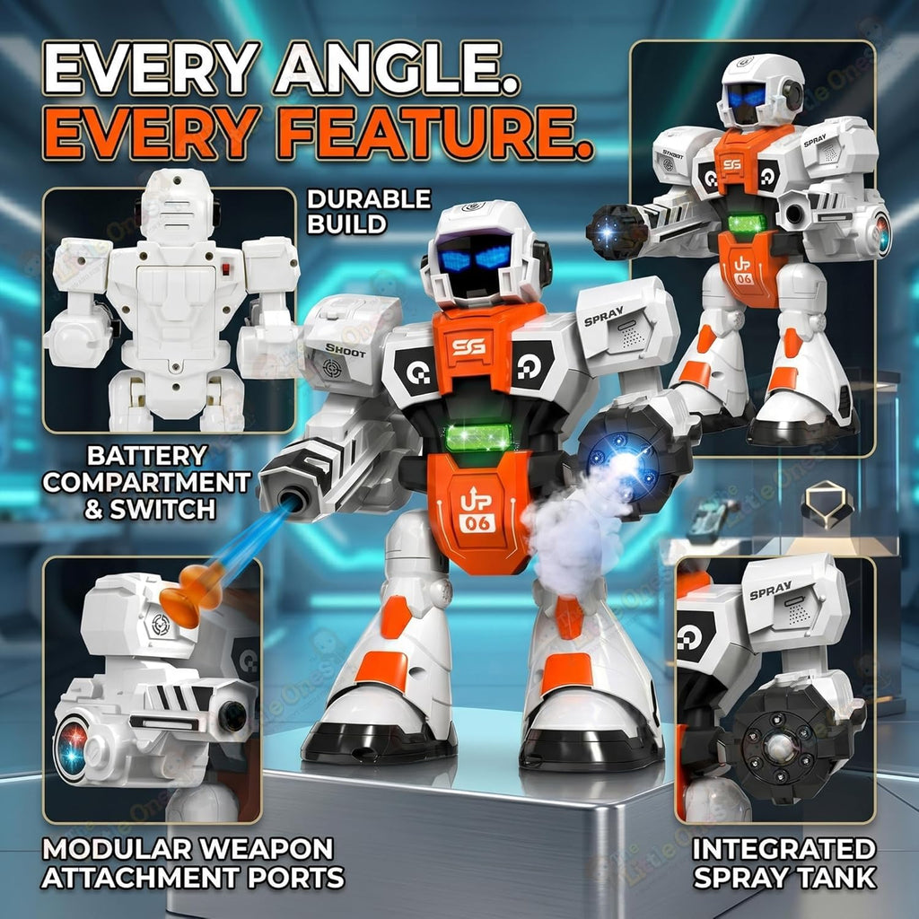 RC Robot Toy | 2.4GHz Remote Control | Mist Spray, Soft Foam Projectile Launcher & LED Lights