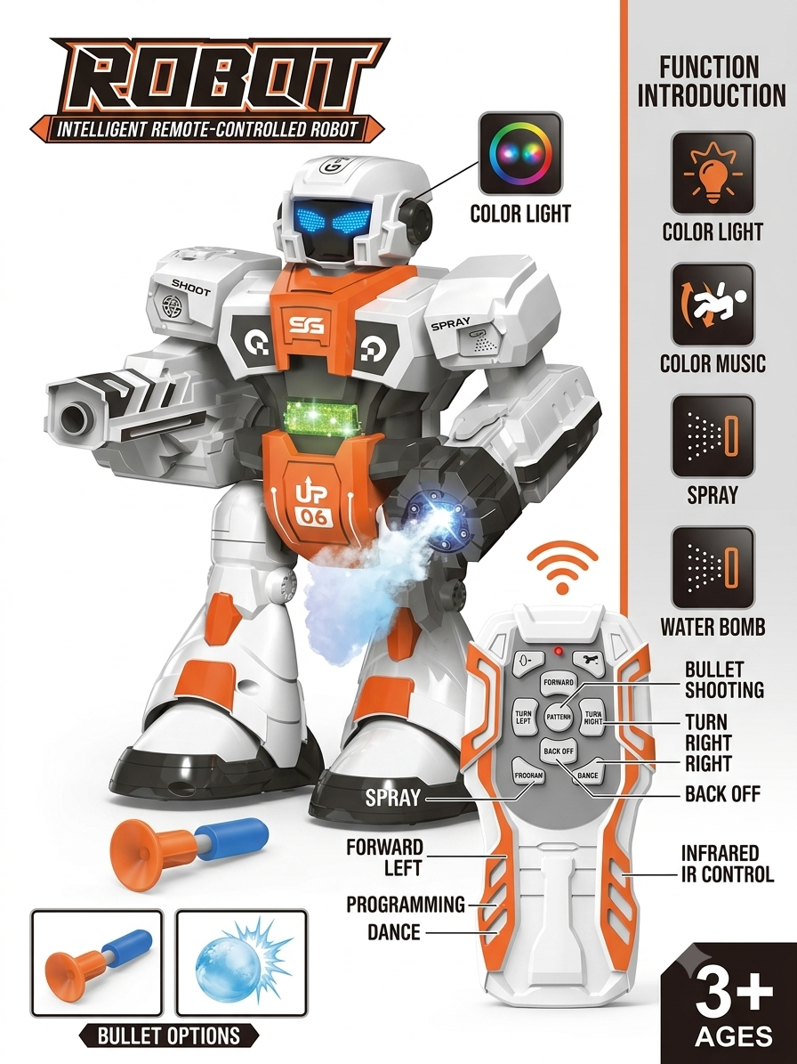 RC Robot Toy | 2.4GHz Remote Control | Mist Spray, Soft Foam Projectile Launcher & LED Lights