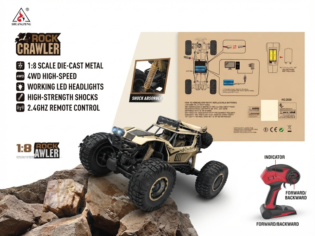 4WD RC Rock Crawler Monster Truck 1:8 Scale | Rechargeable Remote Control Off Road Car with 2.4GHz Controller, Metal Body, High Torque Motor, All Terrain Climbing Car